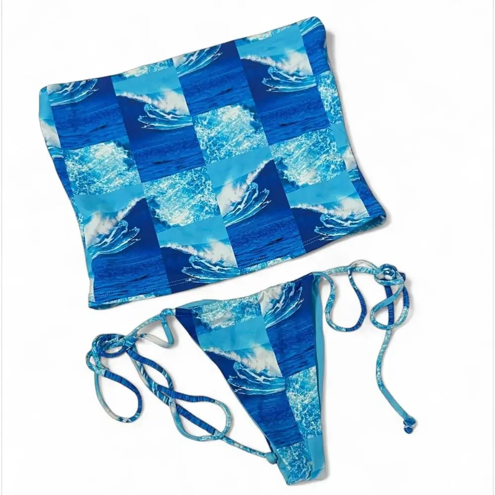 3 Piece SET Frankies Bikinis Waves Print Blue Sz M